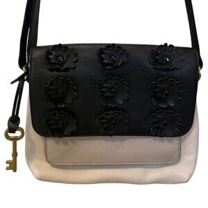 Vintage Fossil Kinley Floral Black & Beige Small Leather Crossbody Bag Gold Key